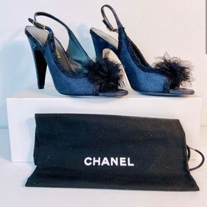 CHANEL Camelia black blue glitter slingback heels